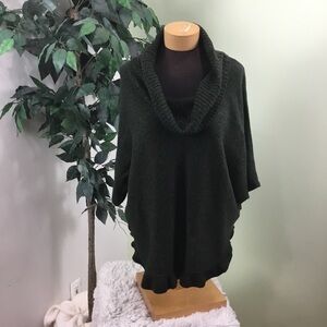 STUDIO Works Large dark green cowl neck ruffle hem poncho style sweater